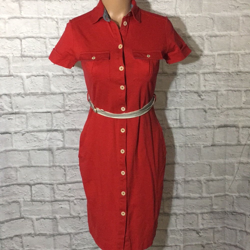 M N G by Mango Red Polo Belted Shirt Dress